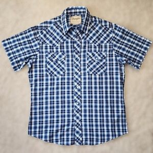 Wrangler Large Pearl Snap Plaid Shirt Blue Western
